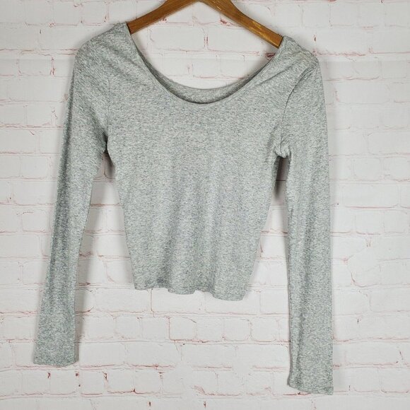 NEW Chaser Womens U Neck Long Sleeve Cropped Tee Shirt S Gray U Back Top - Picture 7 of 10